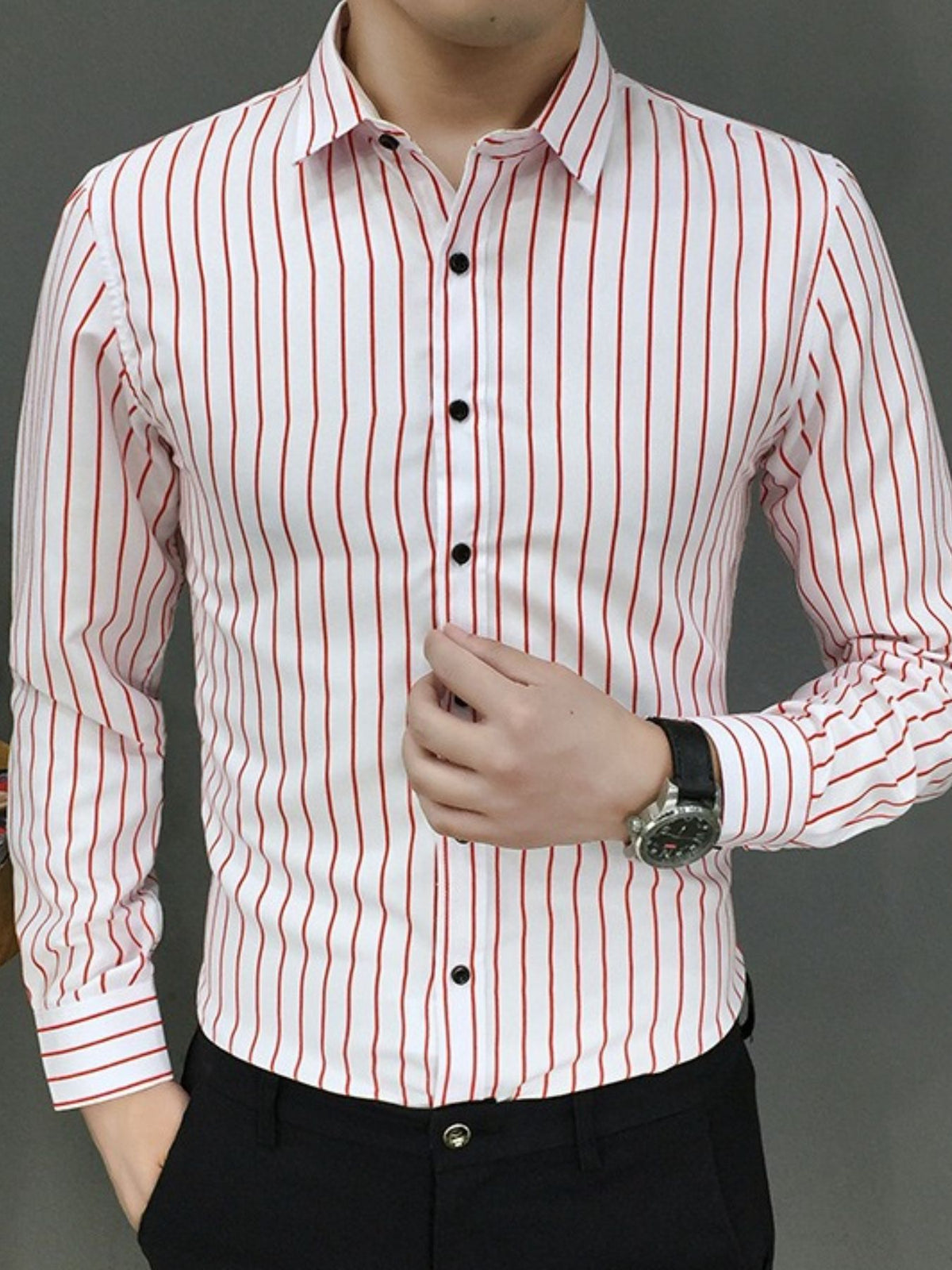 Men's red-and-white striped button-up long-sleeve shirt with center-button placket.
