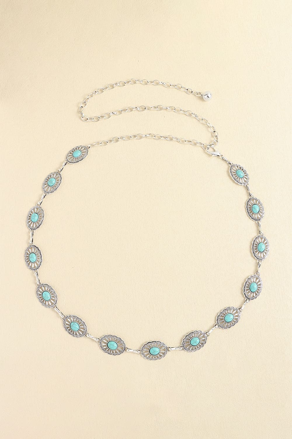 Turquoise oval bead chain belt with small round settings and clasp loops