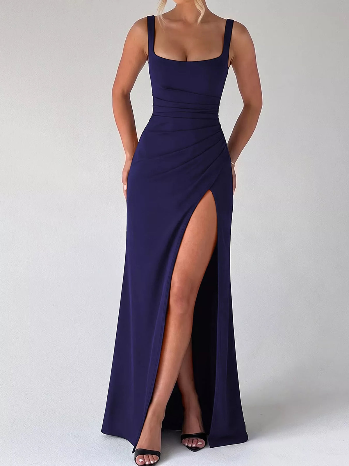 Backless ruched evening maxi dress with square neckline and front thigh slit, navy