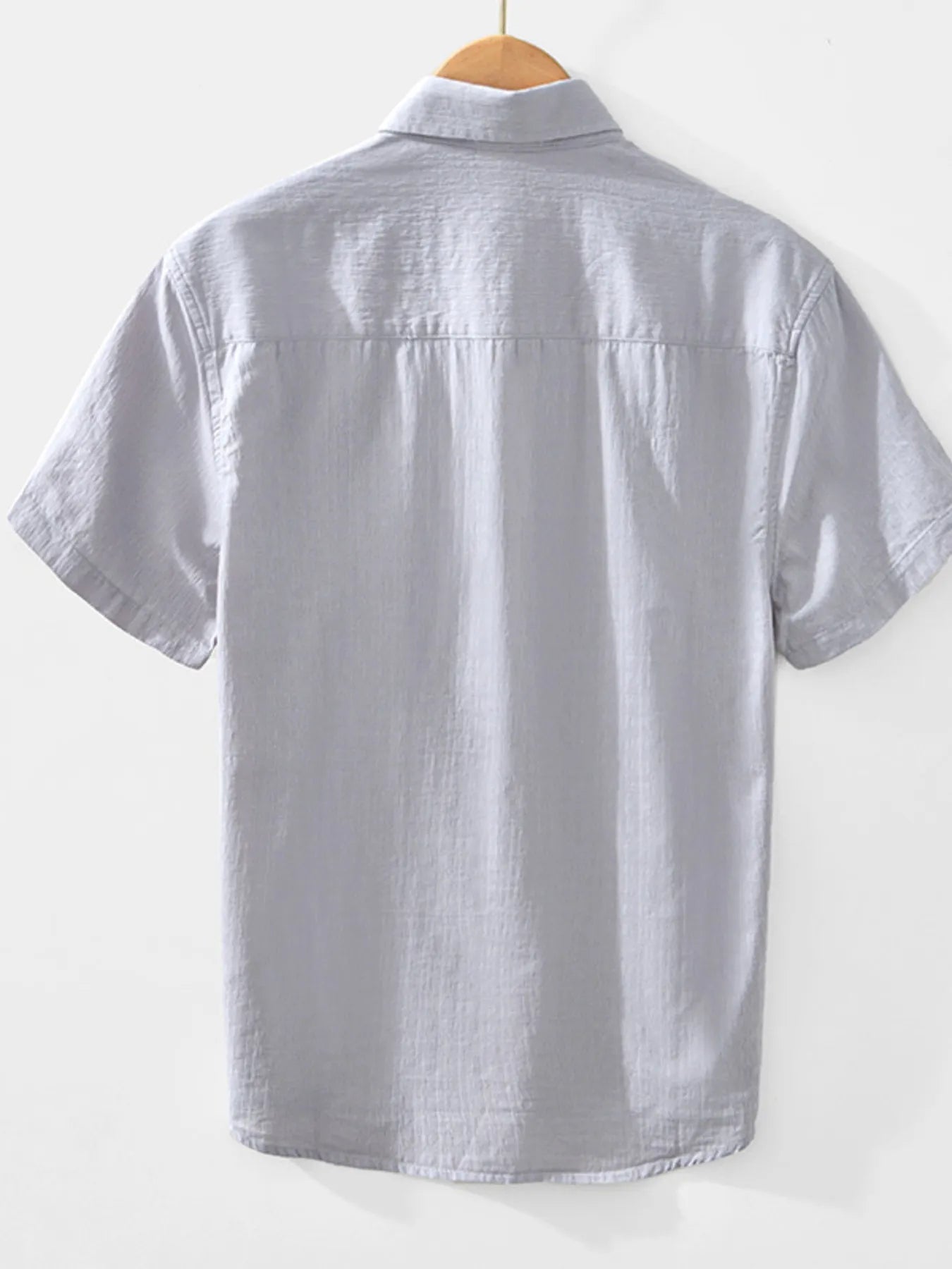 Men's short sleeve button-up shirt back view, light gray