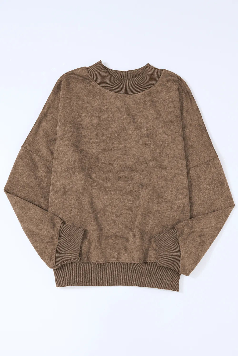 Taupe mock neck dropped-shoulder sweatshirt with ribbed hem and cuffs