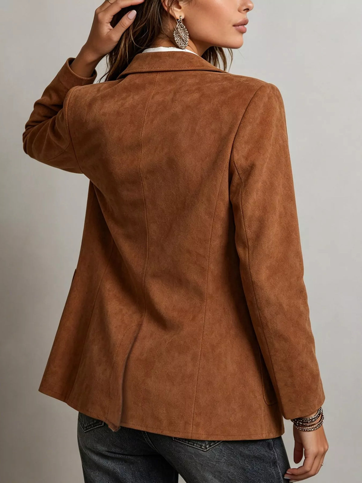 Brown suede single-breasted blazer jacket, back view with shaped seam details