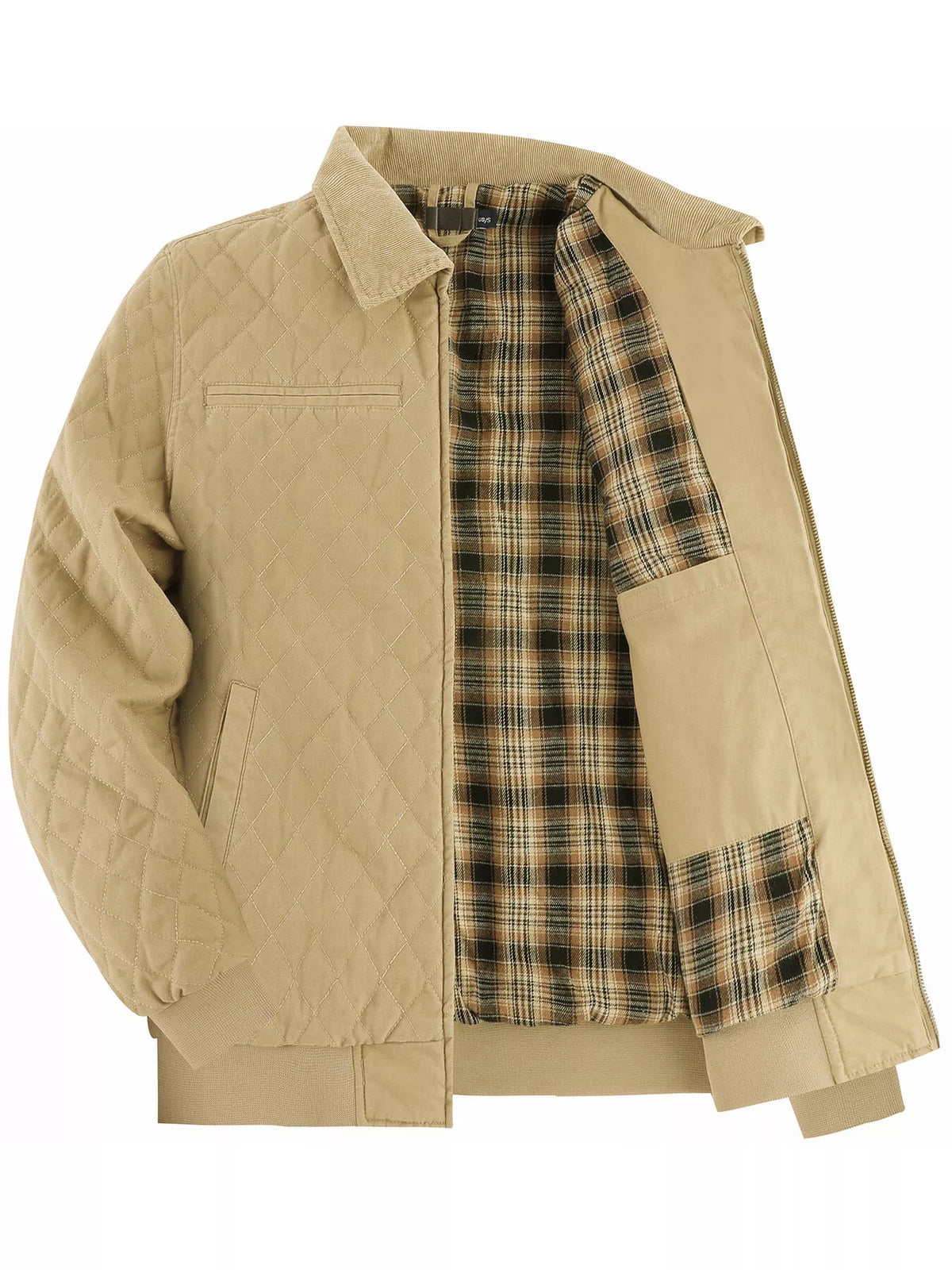 Light tan quilted zip jacket with yellow plaid lining and side pocket panel