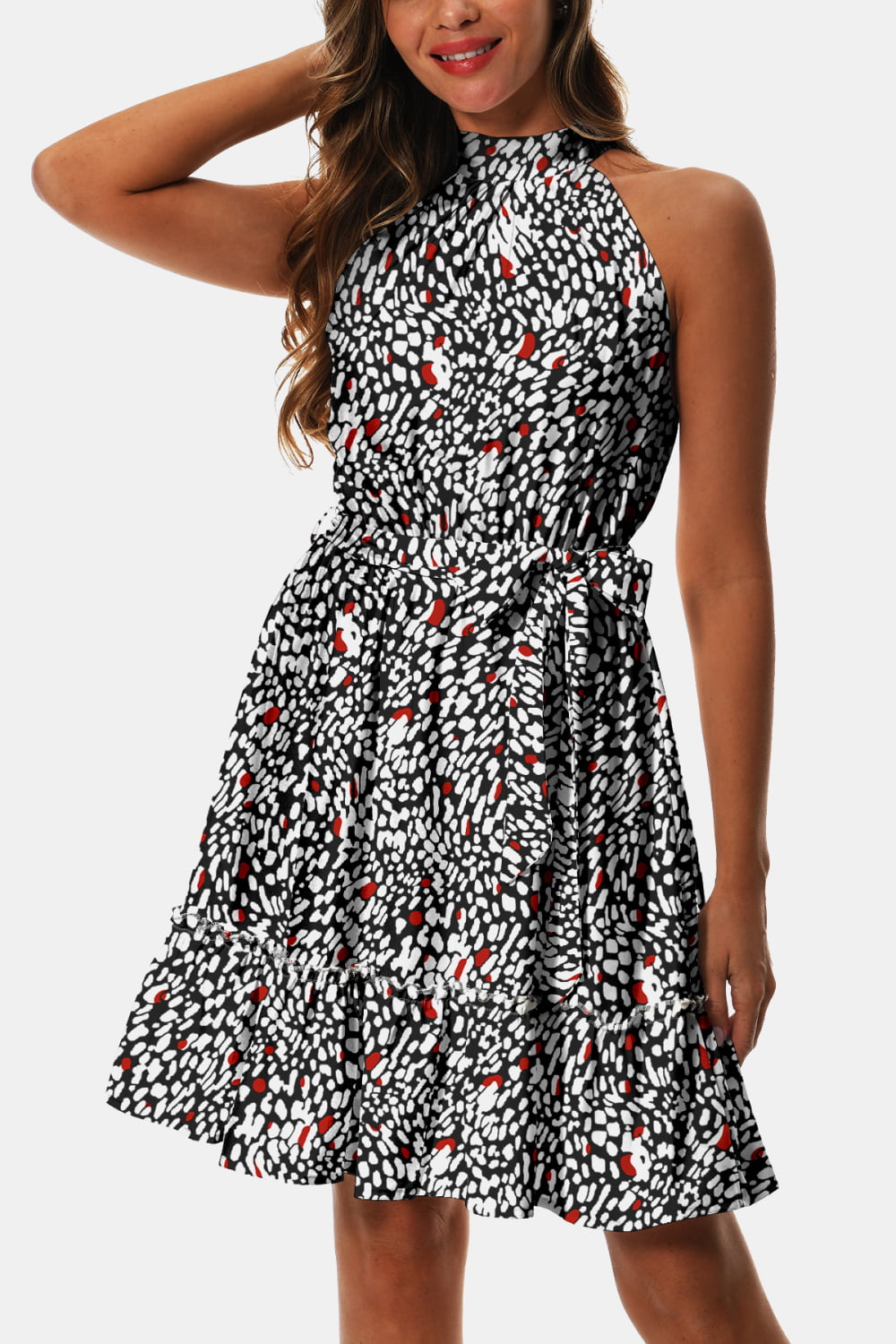 Black and white speckle printed halter tie-waist frill-trim dress, ruffled tiers