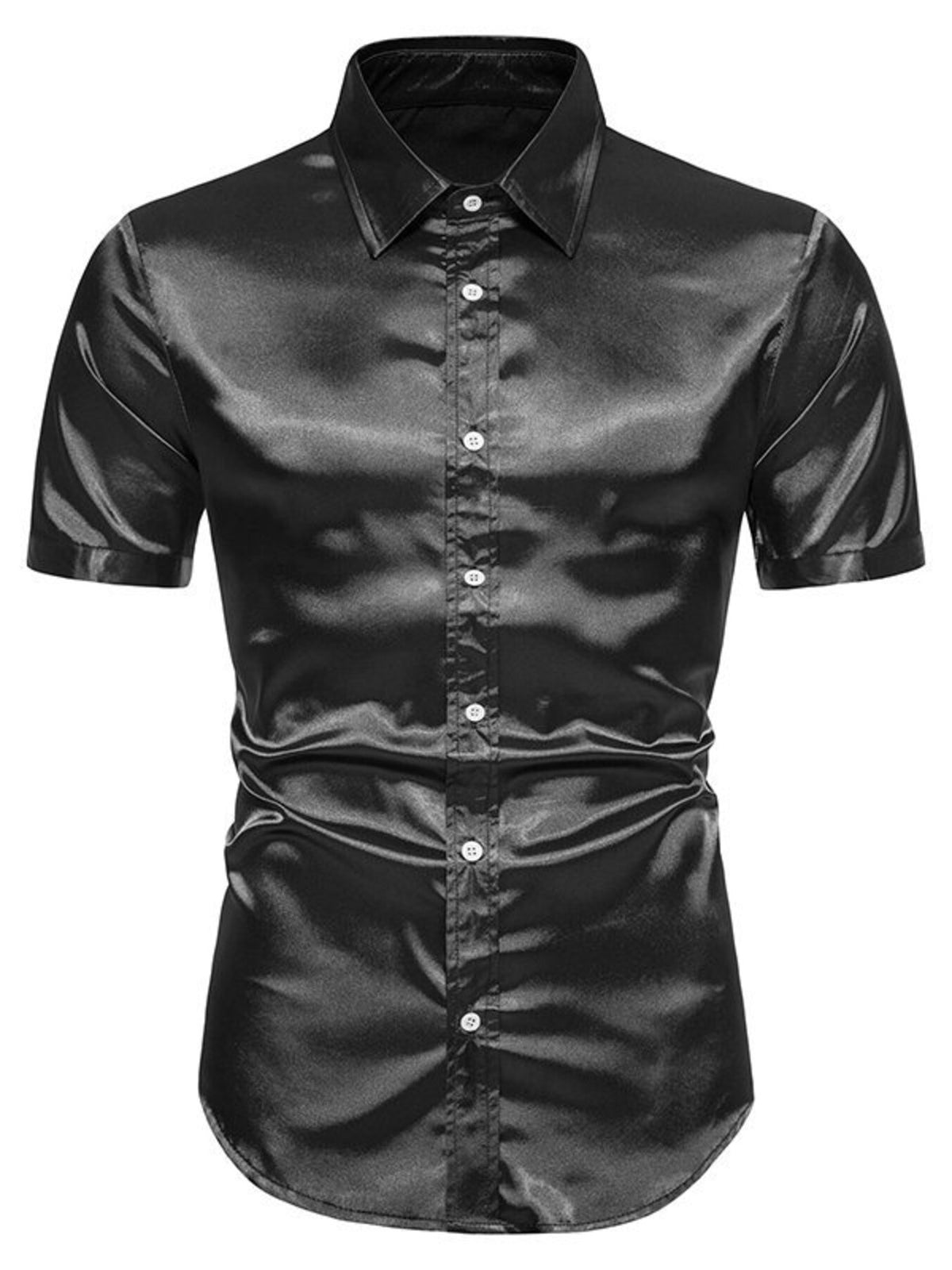 Black satin-look short-sleeve button-up shirt with pointed collar and button placket.
