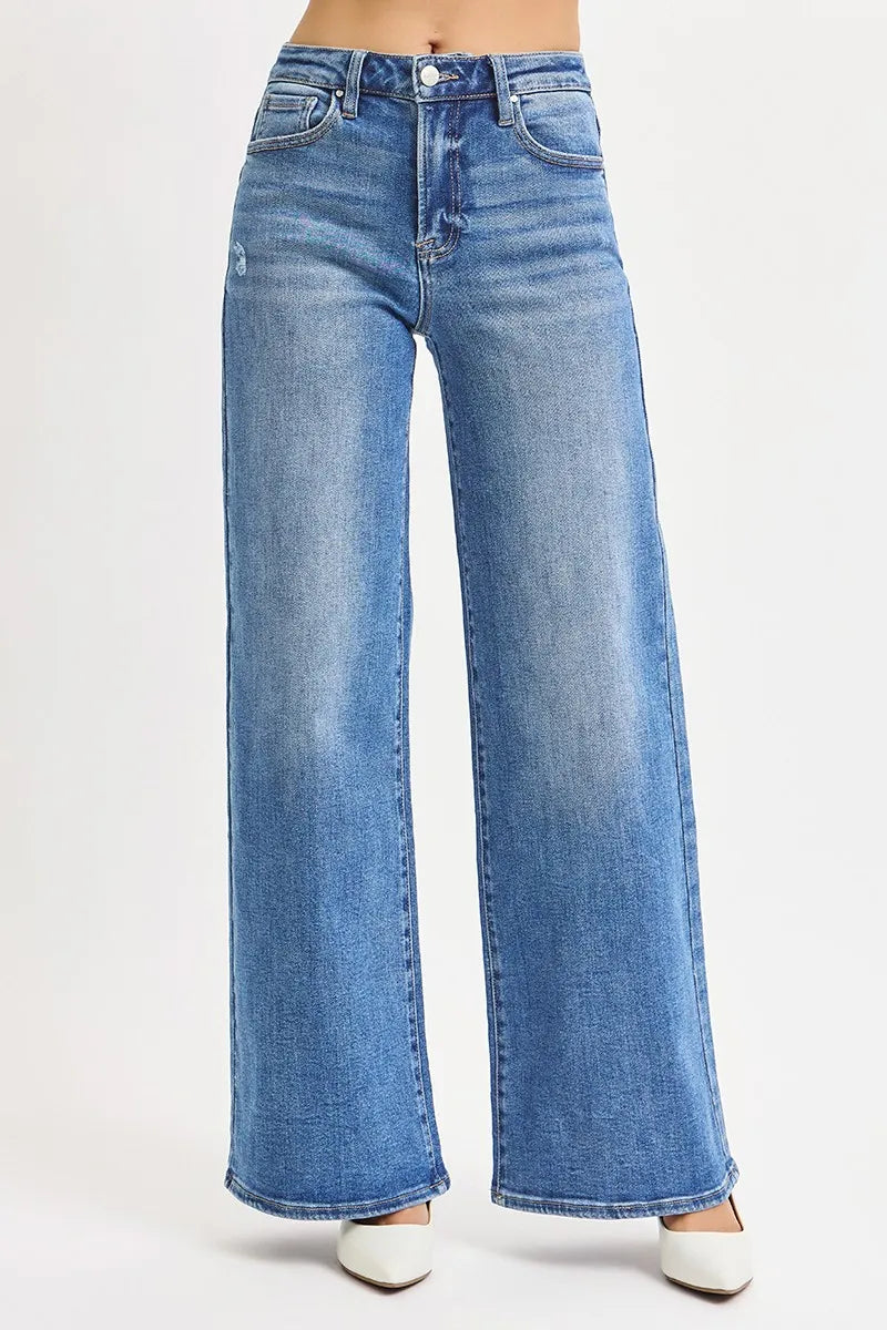 Medium wash high-rise wide-leg jeans, straight waistband and wide cuffs