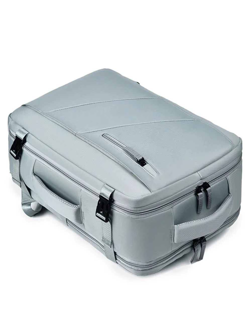 Light gray top-zip backpack bag with hinged flap and front buckle details