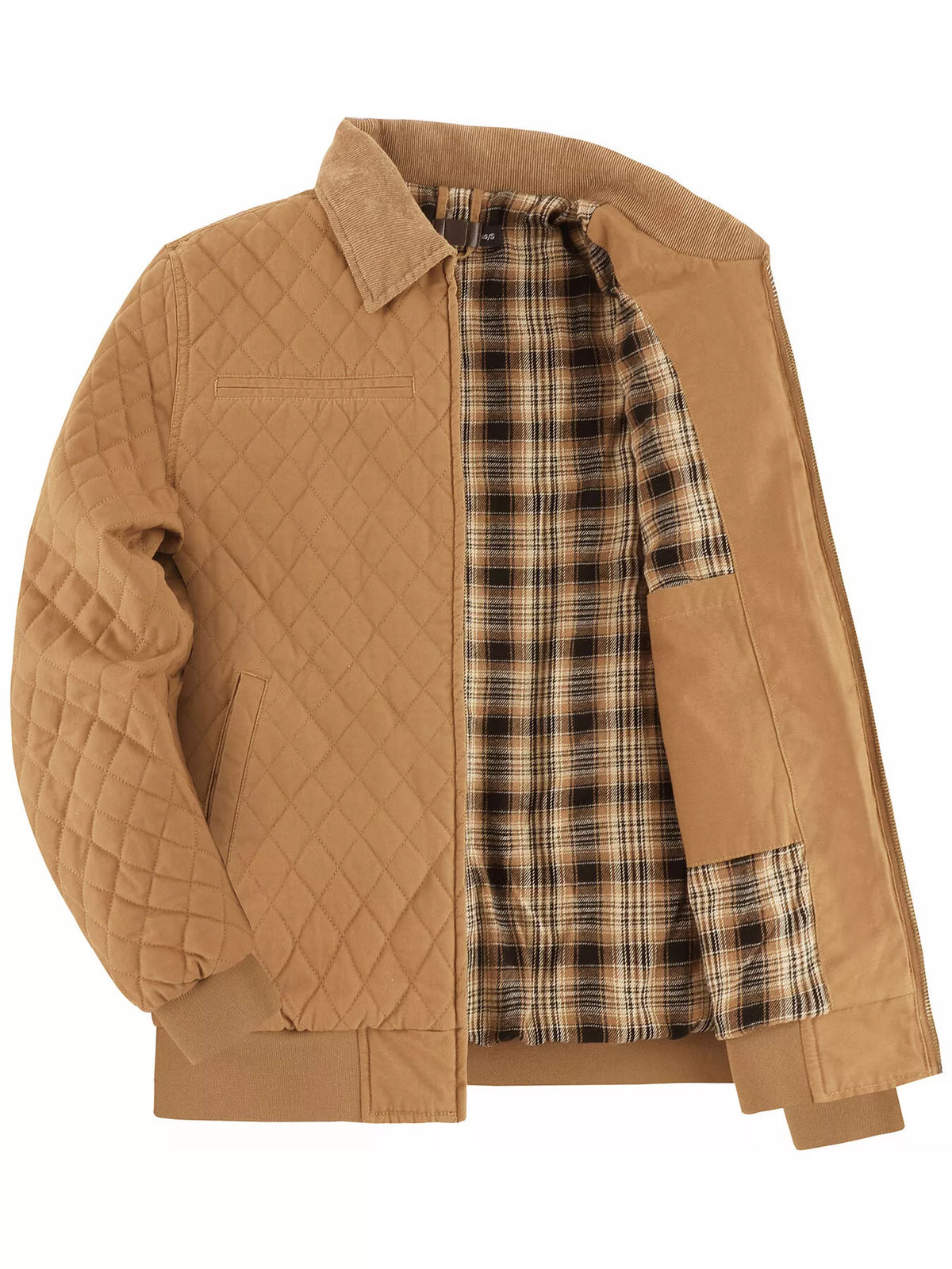 Camel quilted zip jacket with plaid lining and side pocket panel, stand collar
