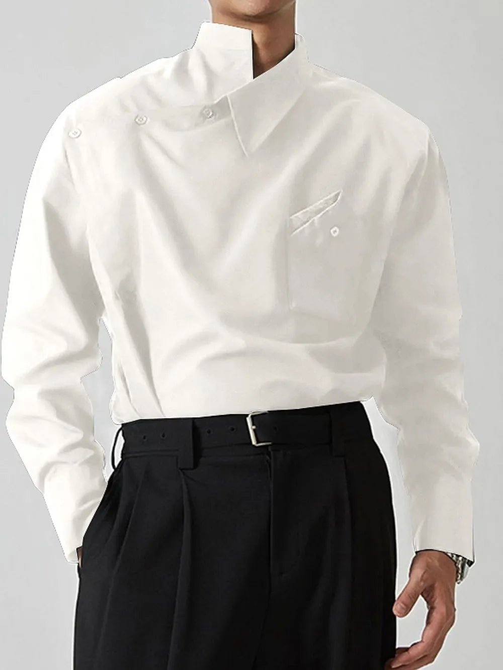 White asymmetrical long sleeve shirt with mandarin collar and chest pocket, button front
