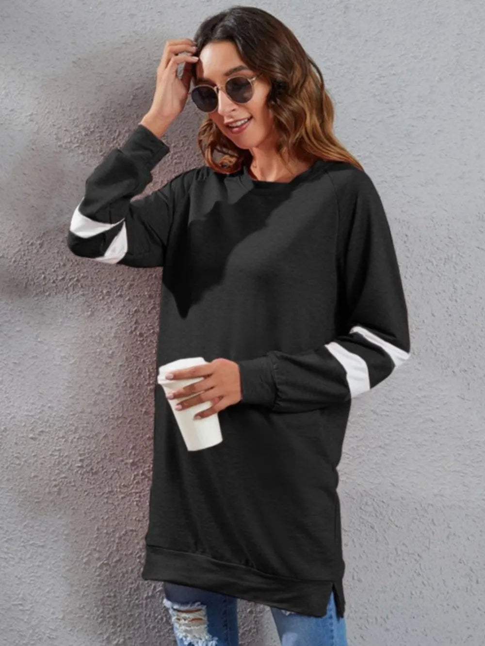 Dark long-sleeve striped round-neck T-shirt with white cuff stripes