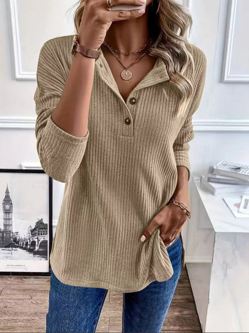 Khaki ribbed dropped-shoulder button top with henley placket and long sleeves