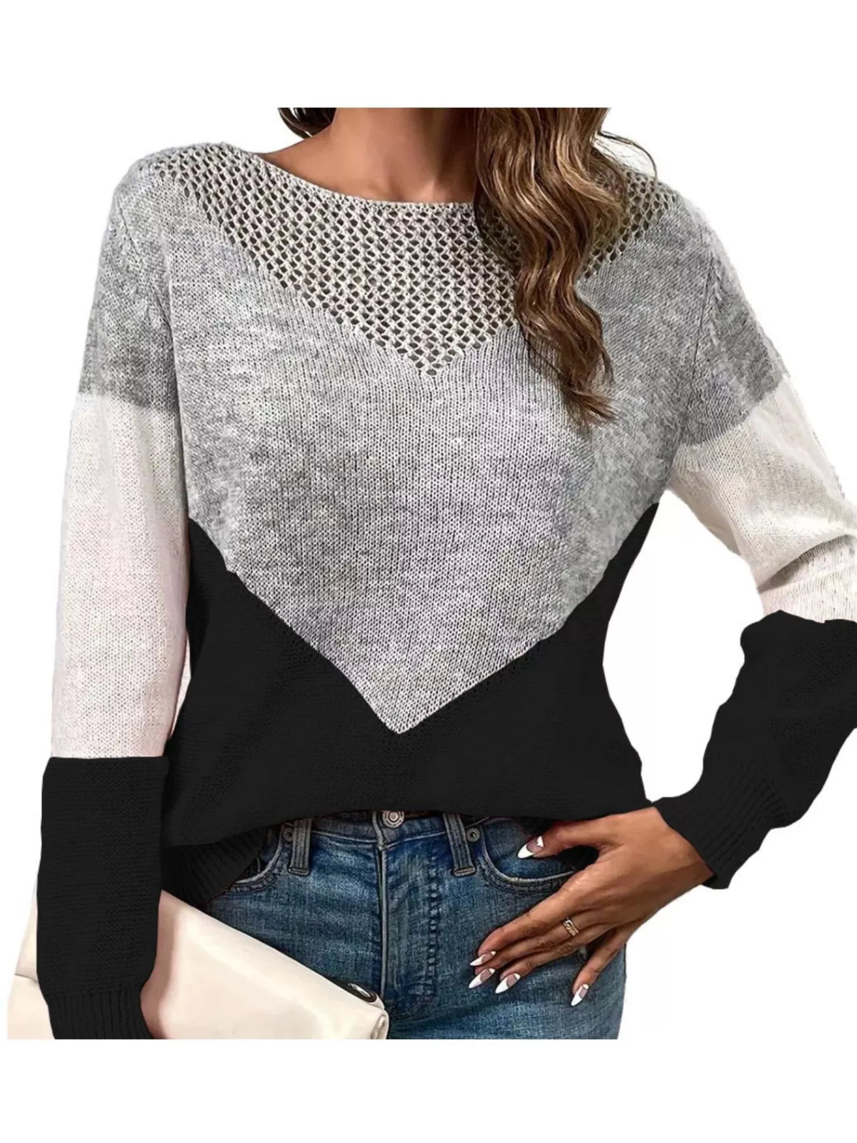 Women’s openwork V-neck color-block long-sleeve sweater in gray with black chevron