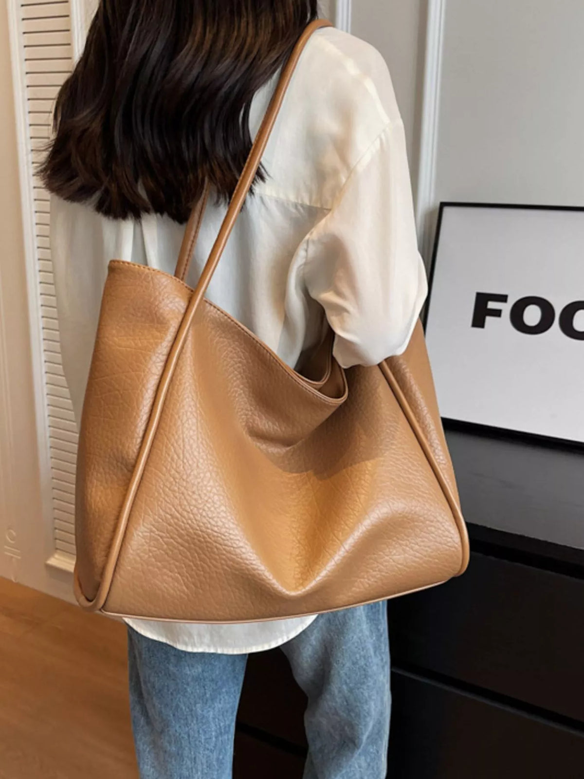 Khaki vegan leather tote bag with two-tone look and long shoulder straps
