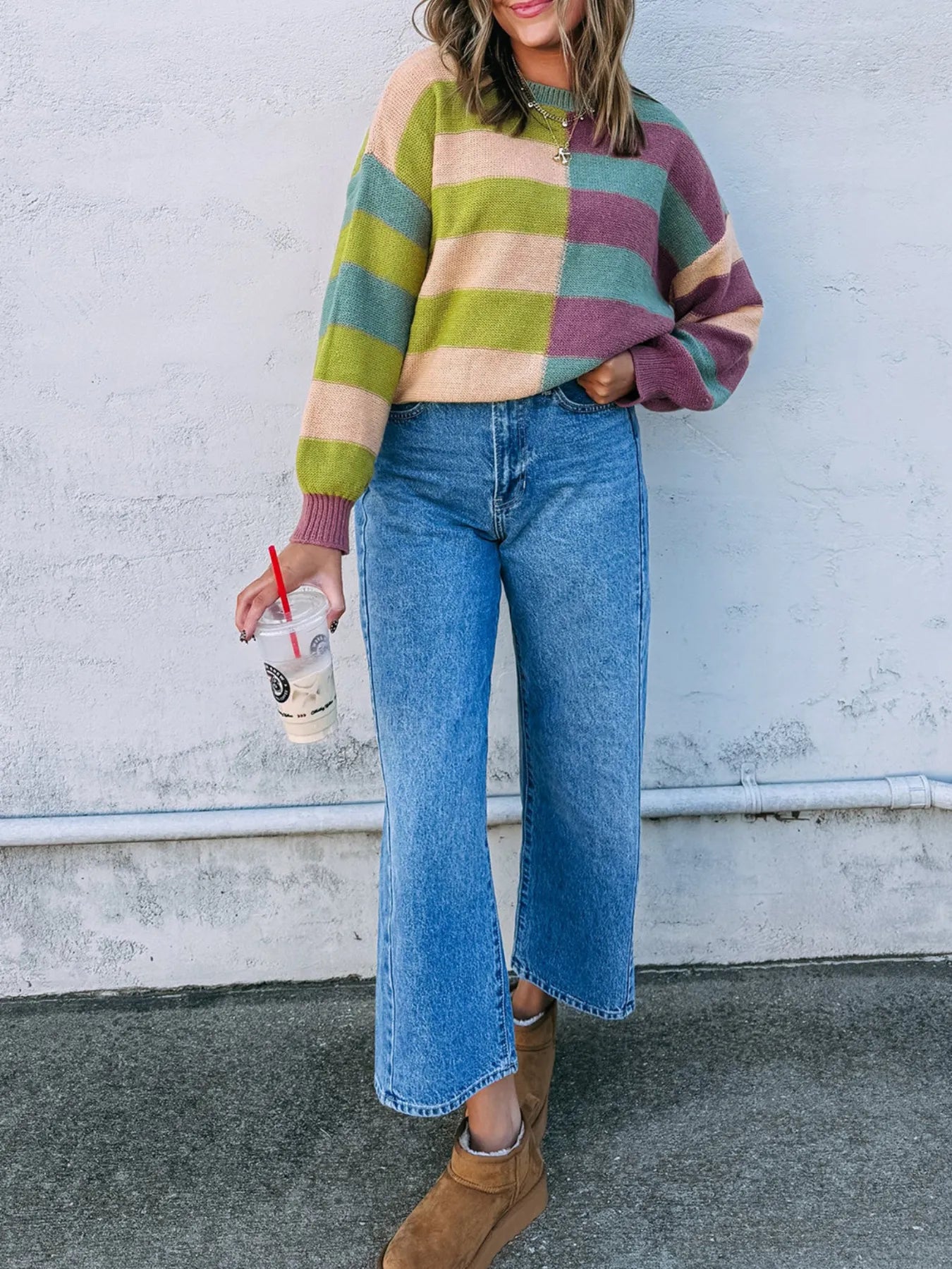 Multicolor striped knit sweater with ribbed collar and cuffs, boxy drop-shoulder fit