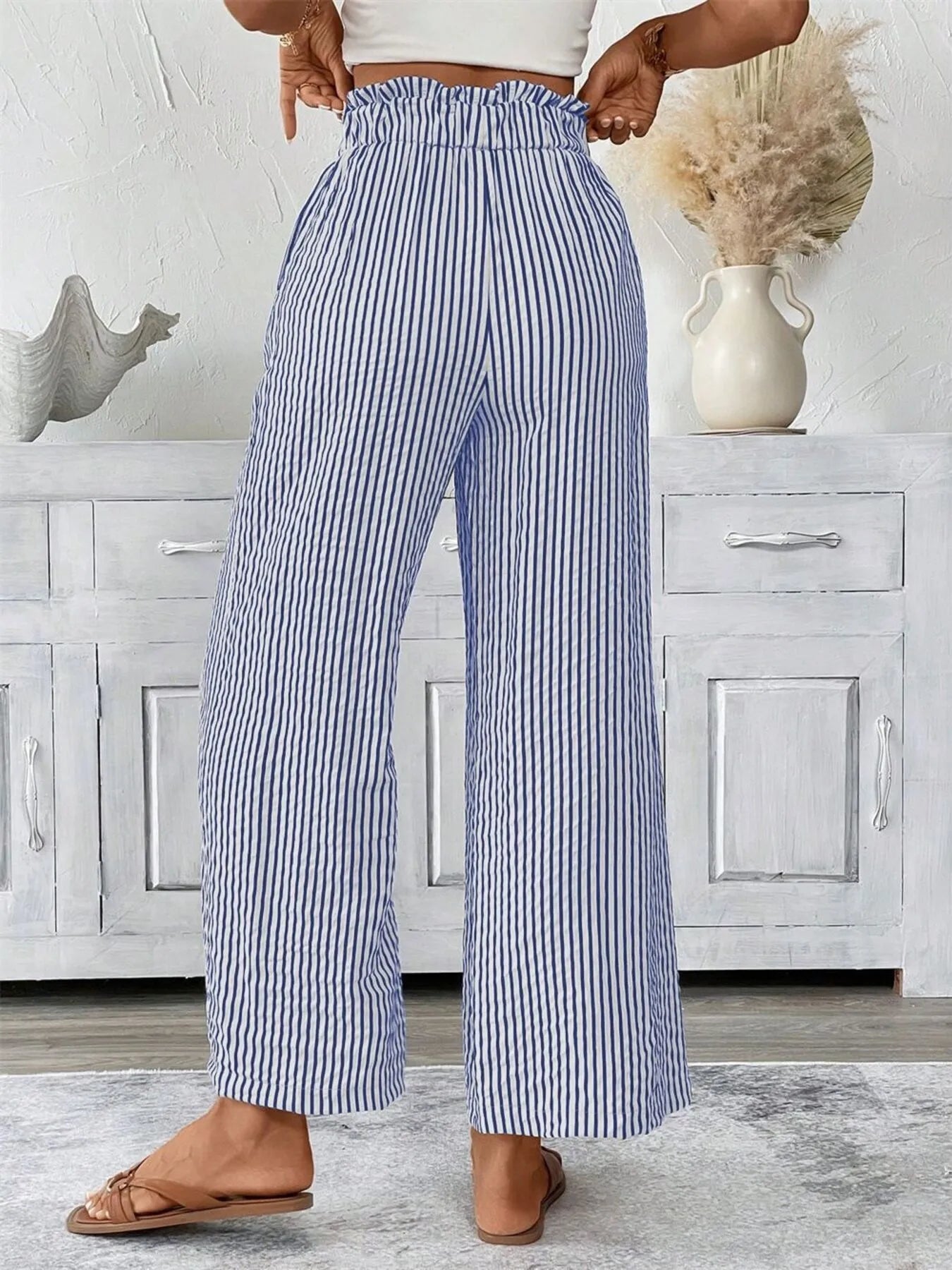 Striped paper bag waist wide-leg pants, blue and white pinstripe, relaxed wide legs