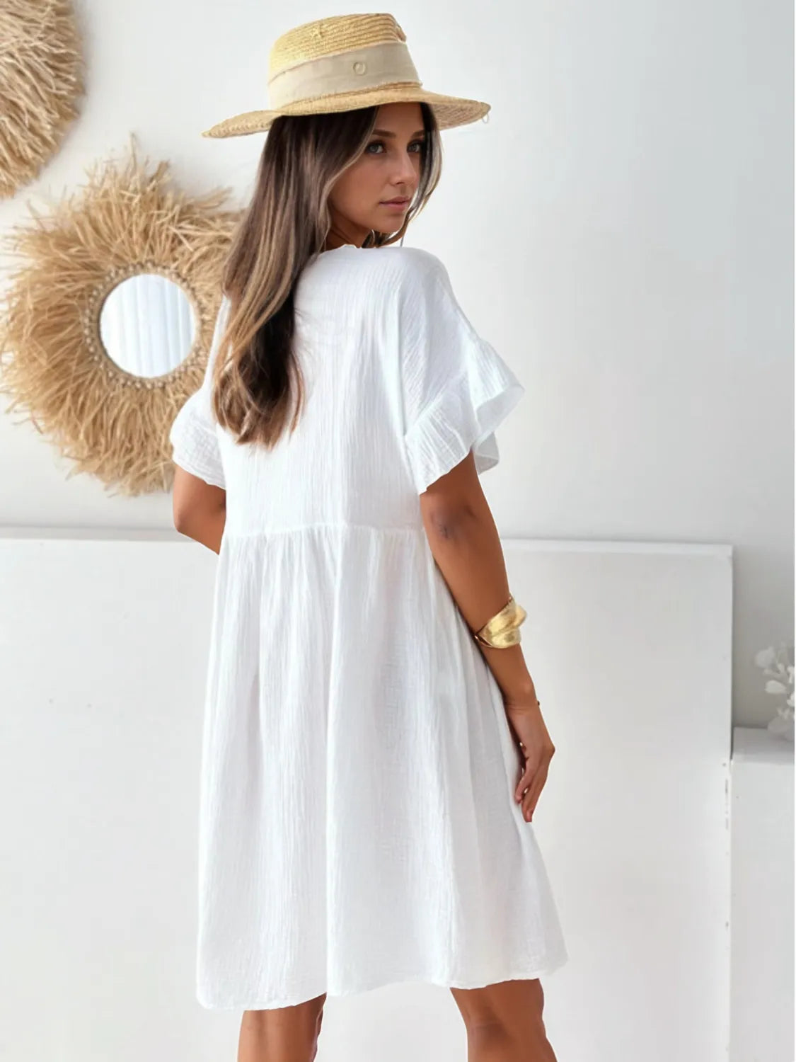 Round-neck white mini dress with short sleeves by Trendsi, lightweight fabric, no ruffles