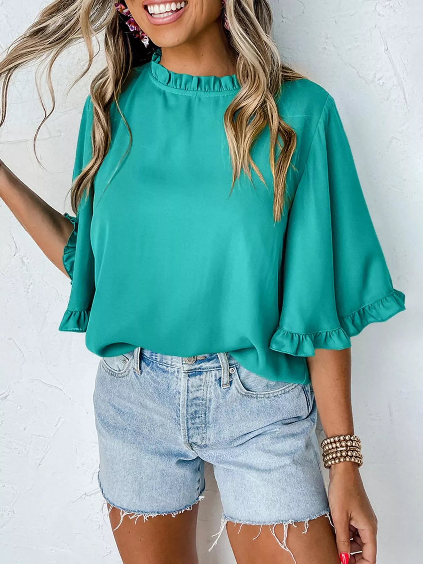 Ruffle Trim Half Sleeve Blouse in teal with frilled sleeve cuffs