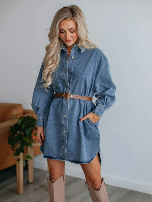 Medium-wash denim button-up collared long-sleeve shirt dress with waist belt