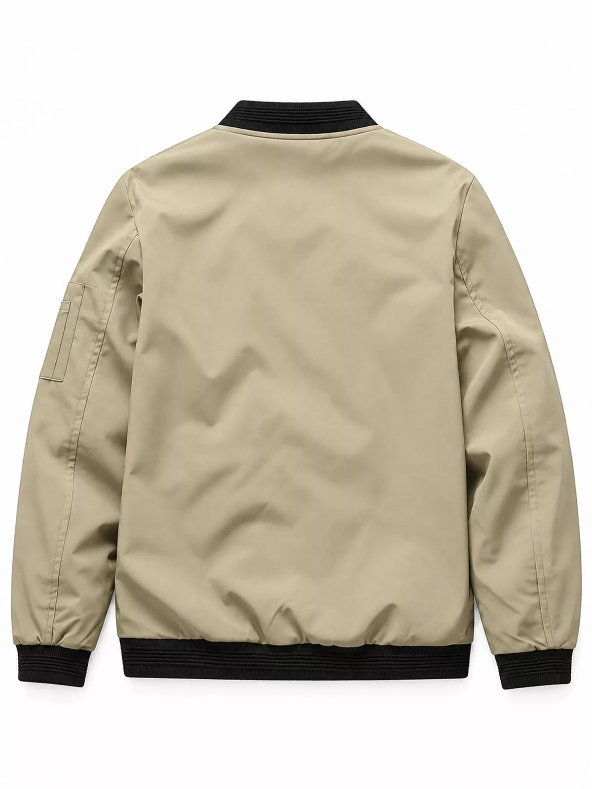 Men's lightweight off-white/khaki bomber jacket, back view, ribbed hem and knit cuffs