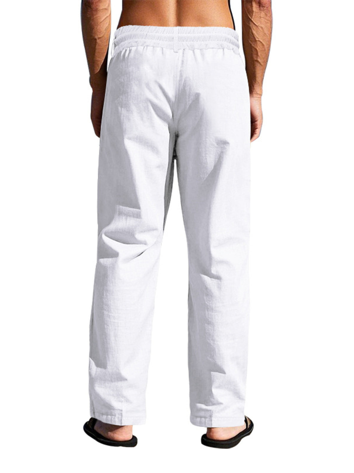 Lightweight men’s drawstring pants in white, elastic waist, relaxed straight-leg design