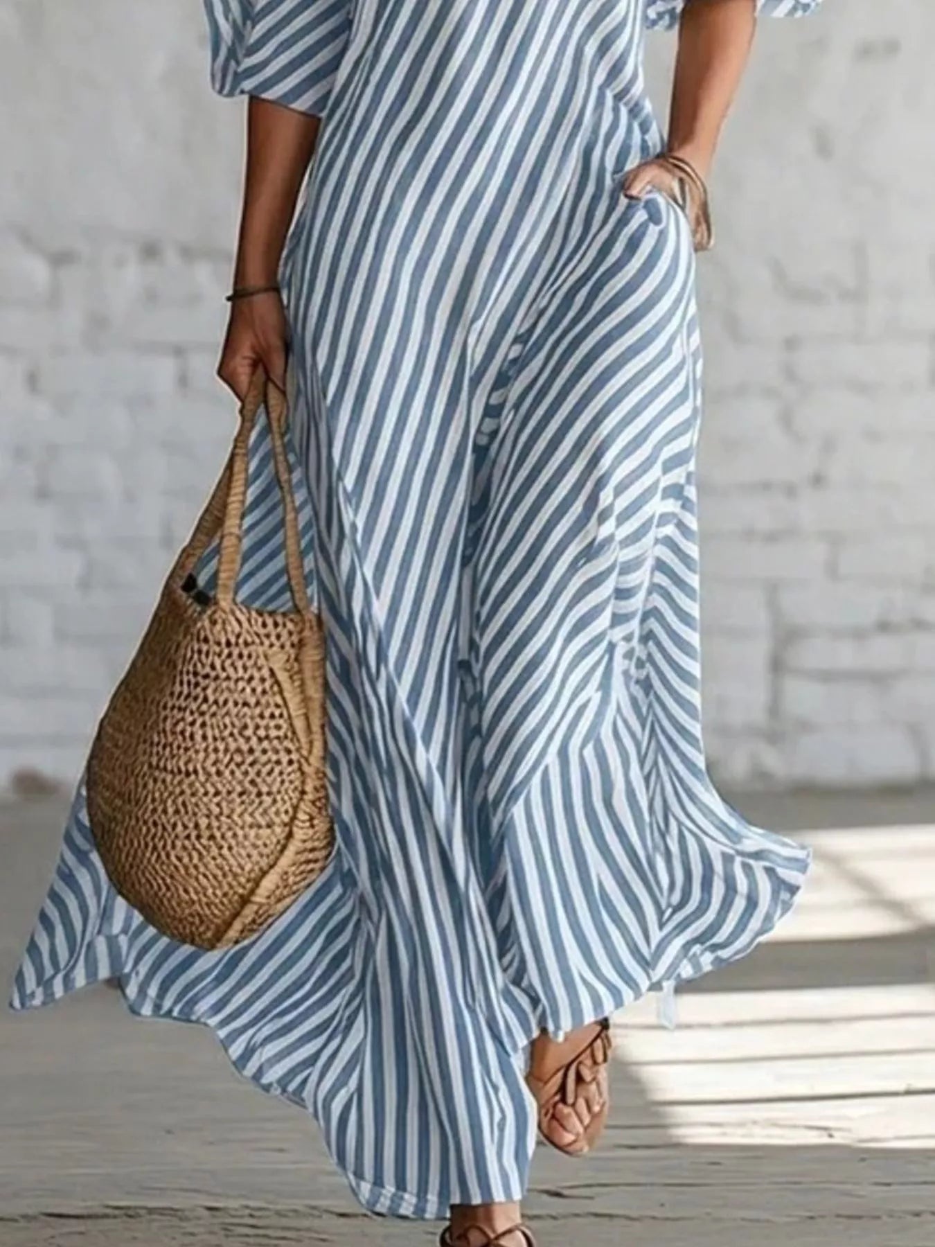 Cedar & Moore Trendsi striped one-shoulder maxi dress plus size with straw handbag