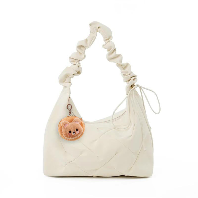Ruched Handle Shoulder Bag, cream PU leather, medium, with plush bear charm