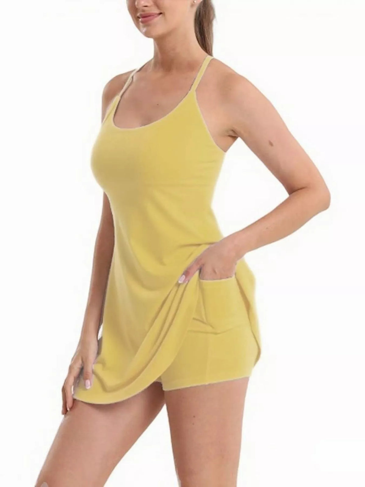 Yellow women's cami and shorts set, sleeveless scoop neckline and elastic-waist matching shorts.