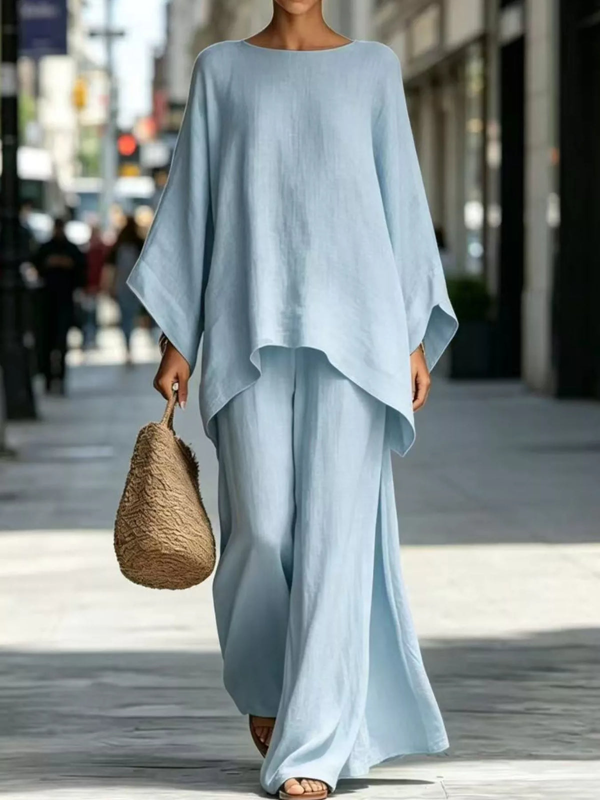 Light blue batwing tunic top and wide-leg pants set