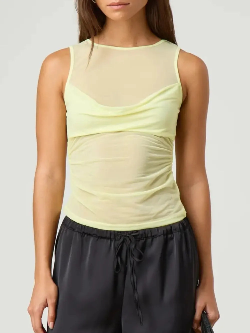 Pastel yellow ruched round-neck sleeveless tank top with gathered side ruching