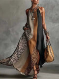 Sleeveless maxi dress with color-block leopard print panels, dark and tan