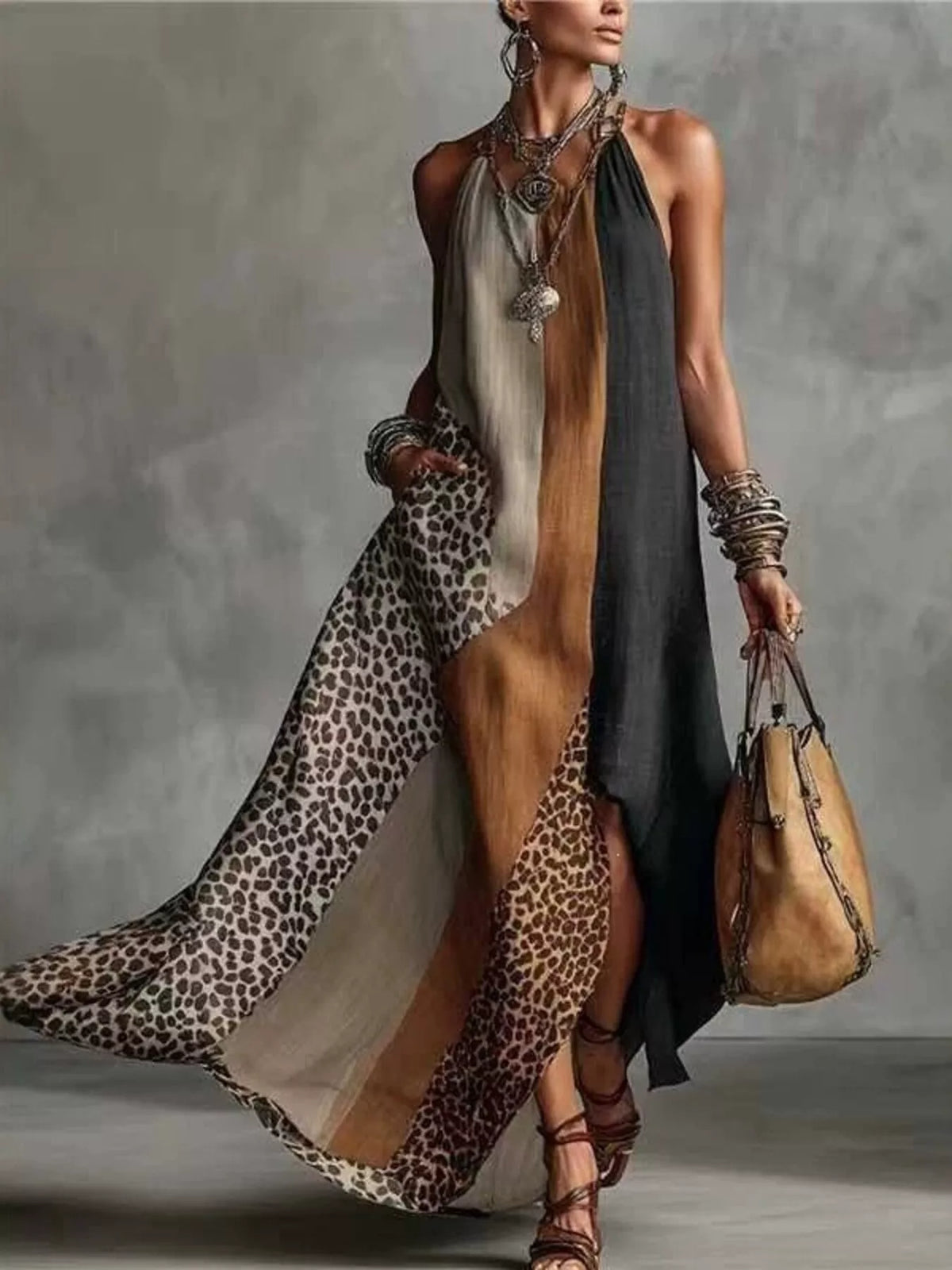 Sleeveless maxi dress with color-block leopard print panels, dark and tan