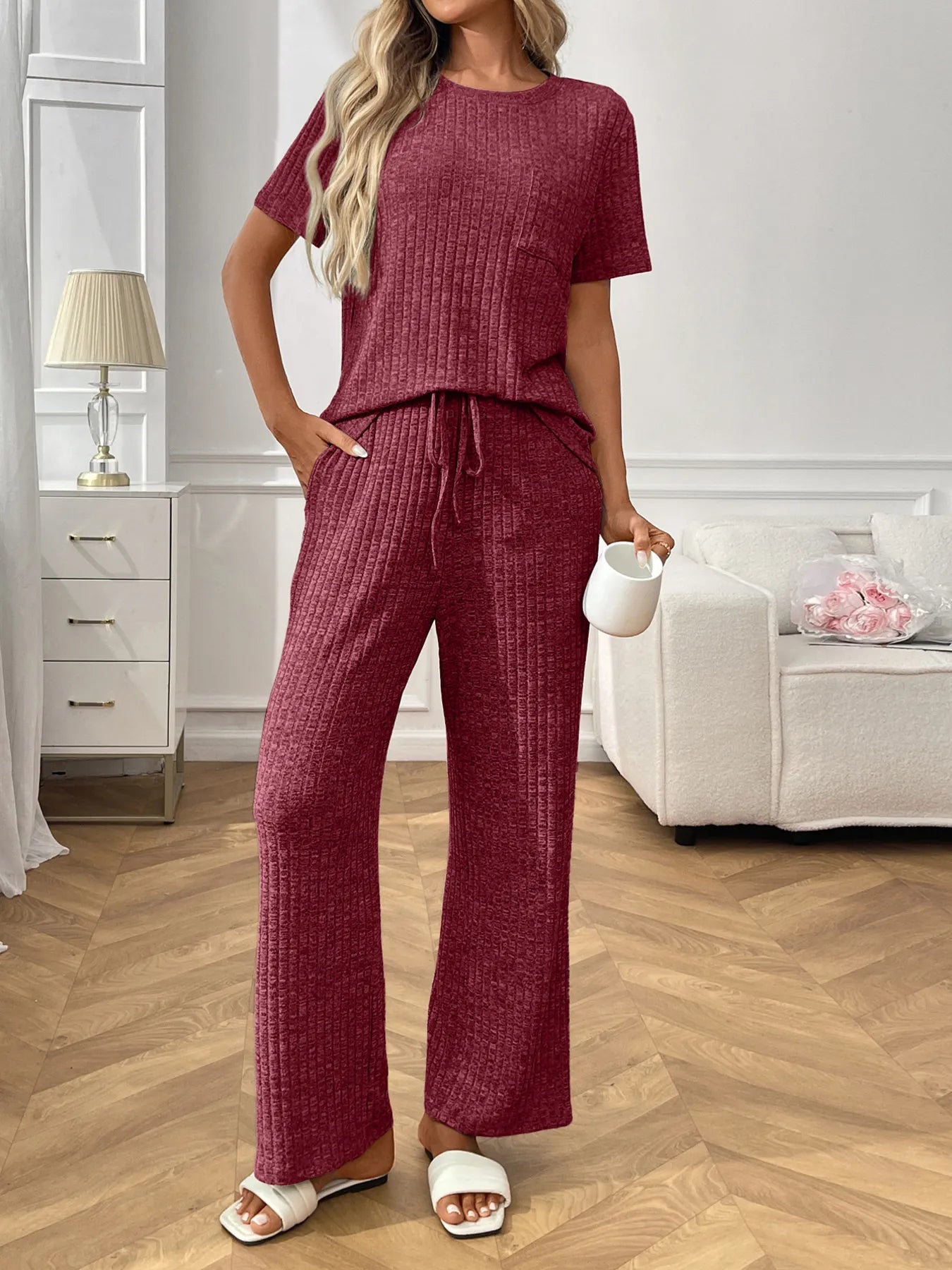 Ribbed knit lounge set in burgundy with short sleeve top and matching wide-leg pants