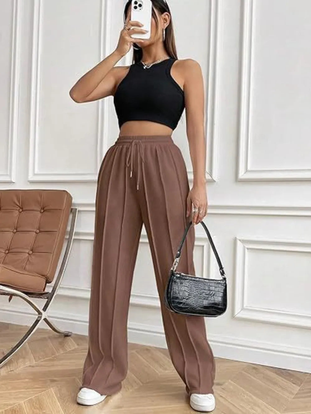 Brown wide-leg pants with drawstring waistband and side pockets
