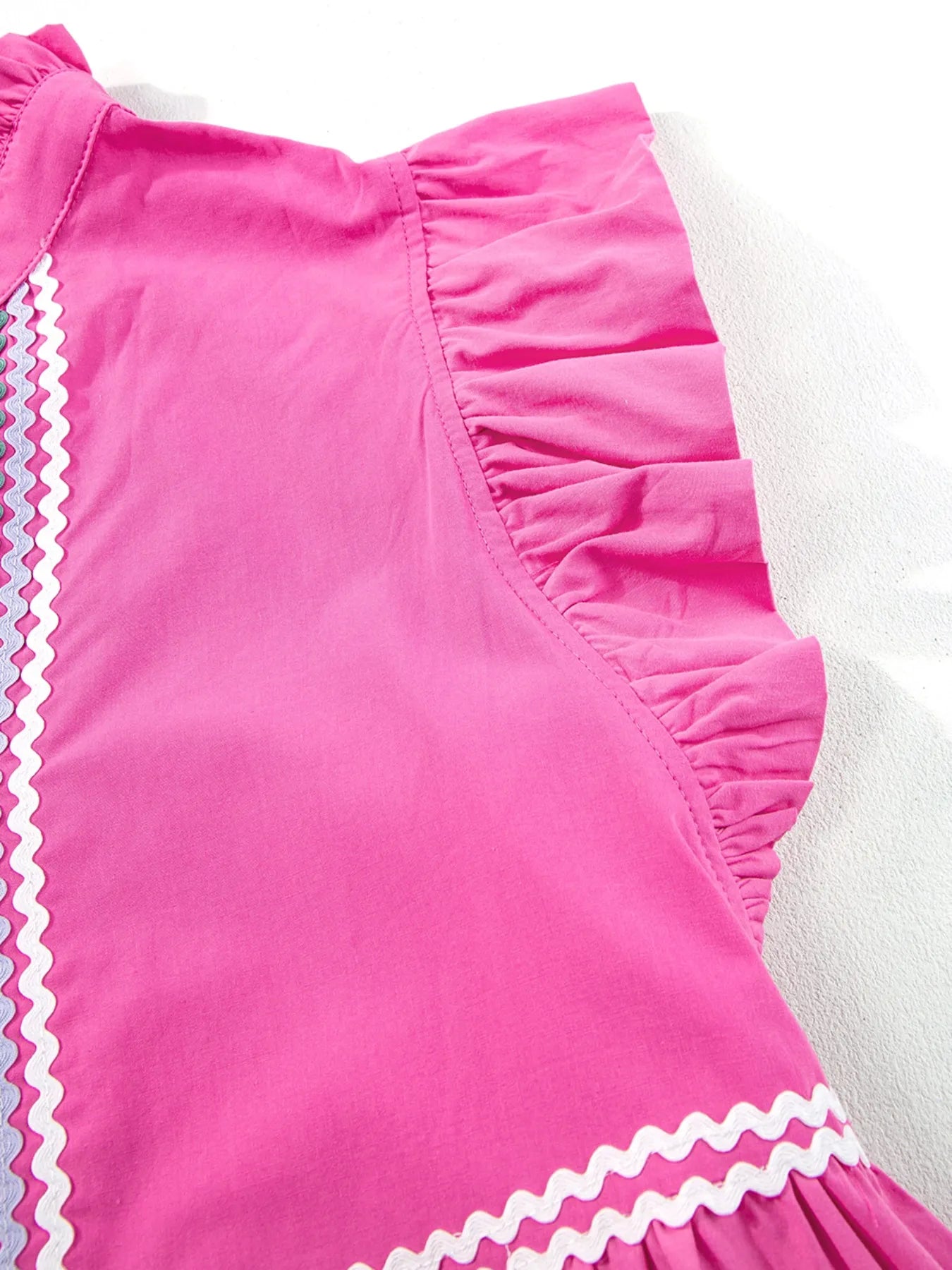 Ric Rac Colorblock Flutter Sleeve Tiered Dress in pink with white zigzag trim