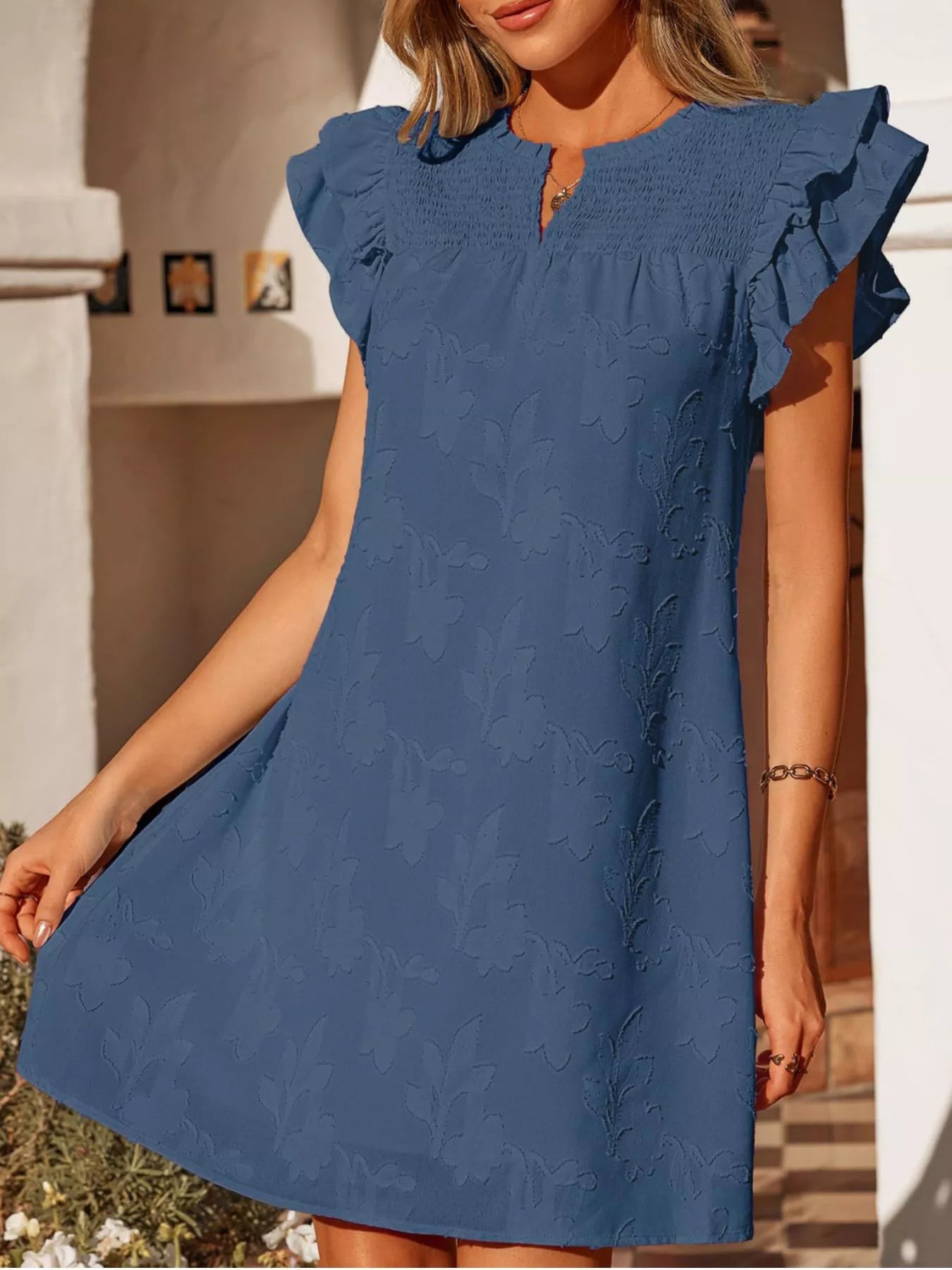 Floral Embossed Ruffle Sleeve Mini Dress by Trendsi, blue with smocked bodice