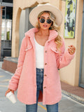 Blush pink button-up collared coat with textured fleece and front buttons