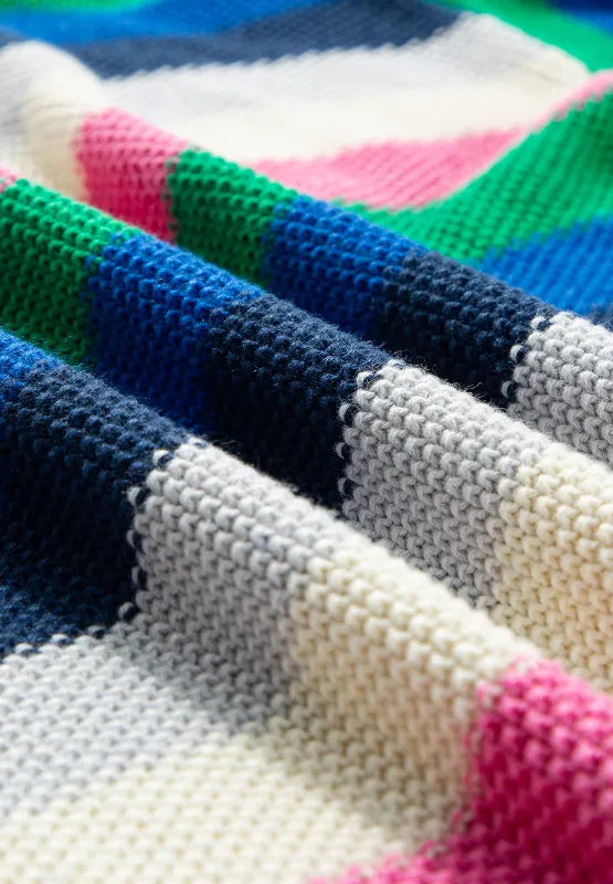 Close-up of knit stripe pattern with navy, green, blue, white, and pink sections
