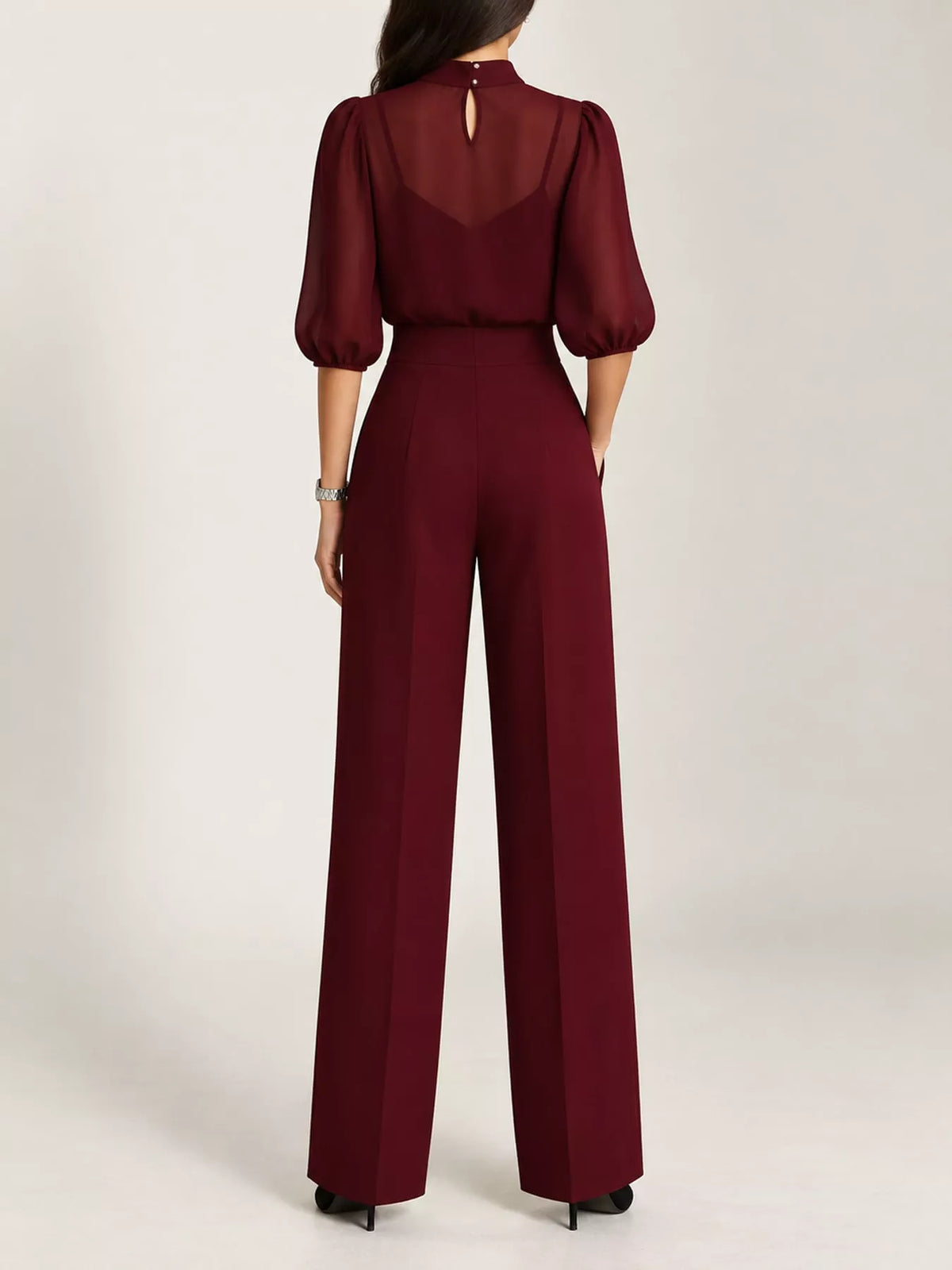 Burgundy mock neck sheer puff-sleeve top and wide-leg pants set, back view