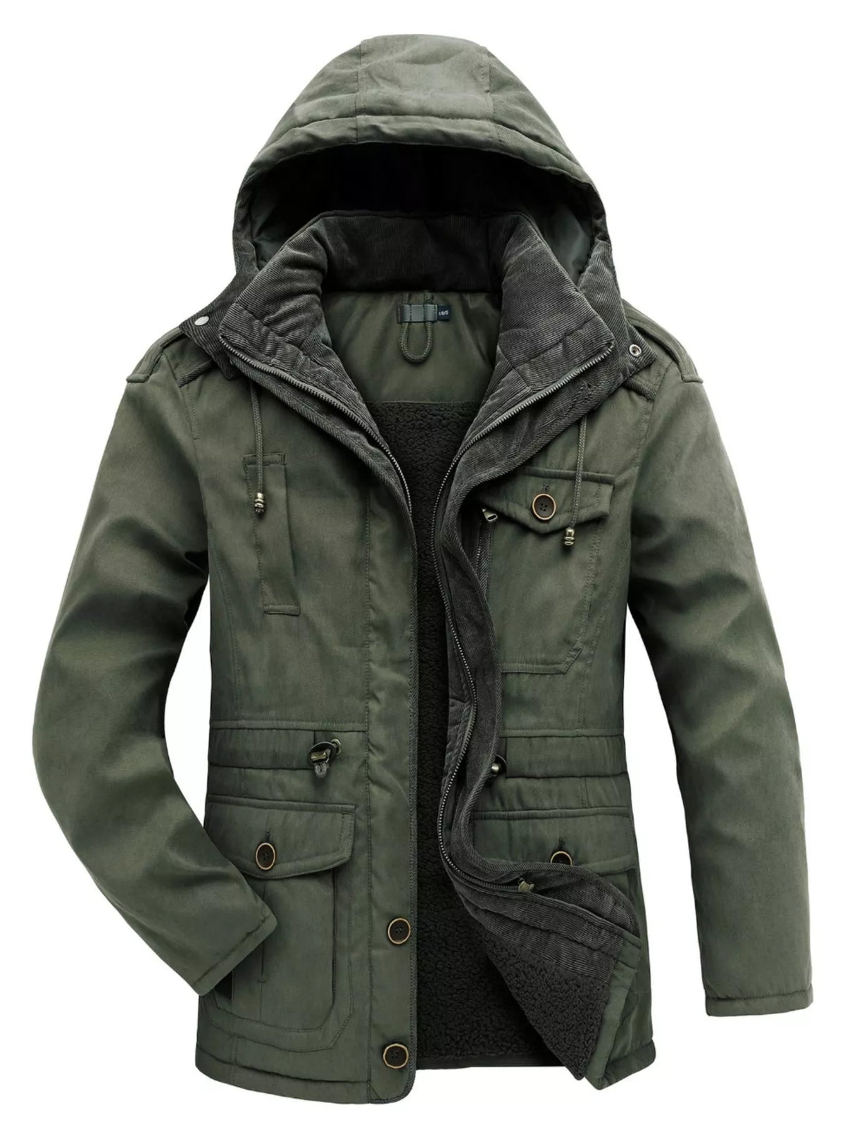 Men's olive green hooded zip-up winter jacket with sherpa lining and front pockets