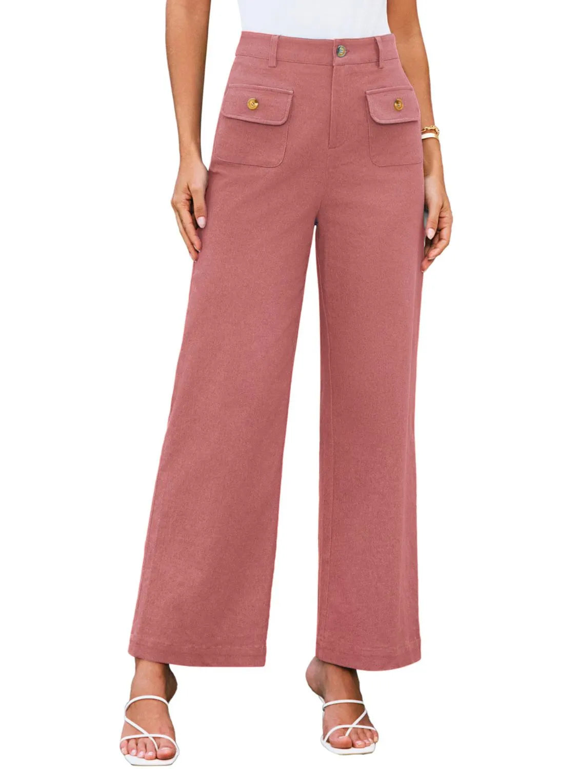 High-waist wide-leg pants, dusty rose pink; front flap pockets and gold buttons.