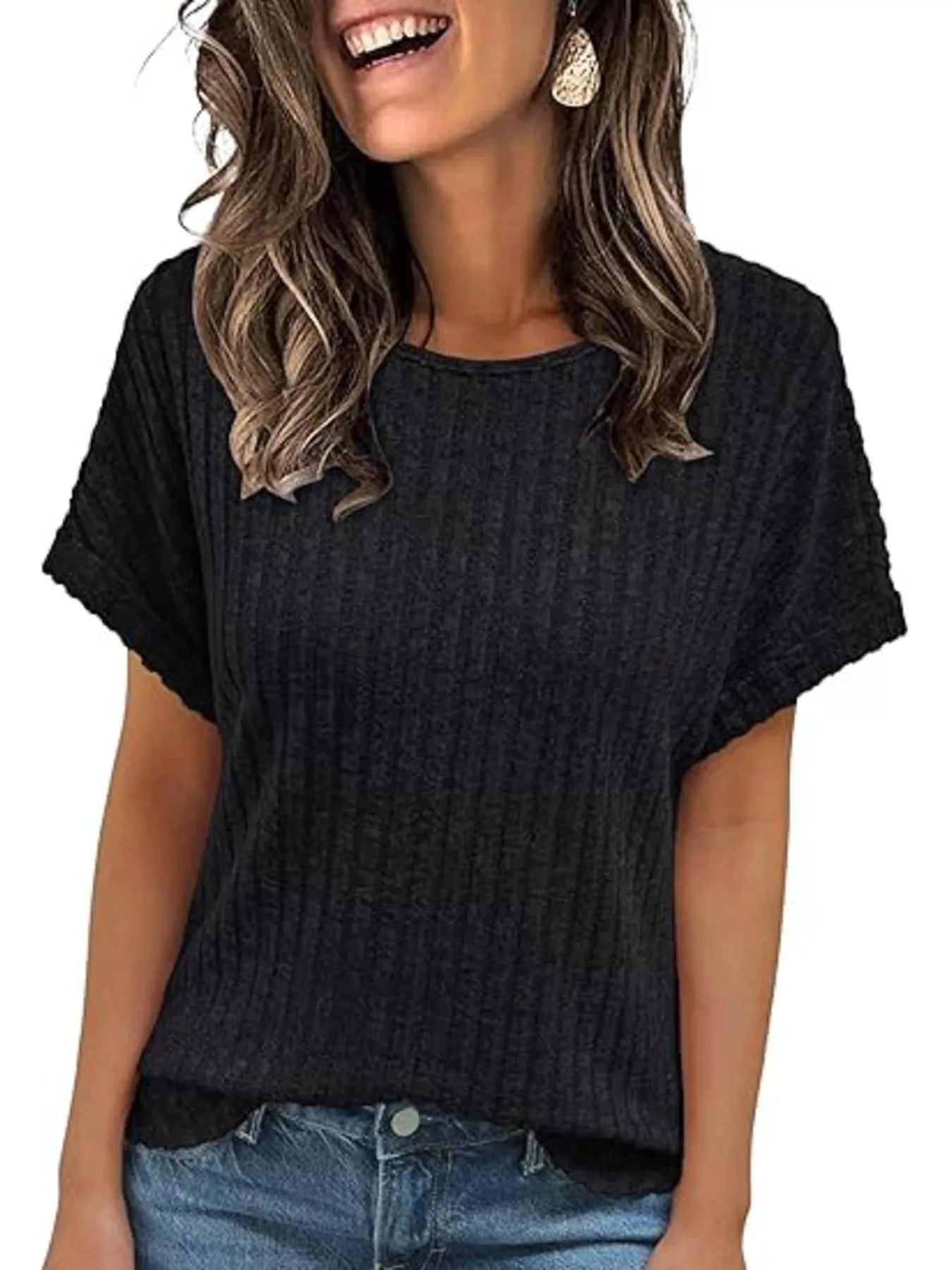Black ribbed knit short-sleeve T-shirt with crew neck and relaxed fit