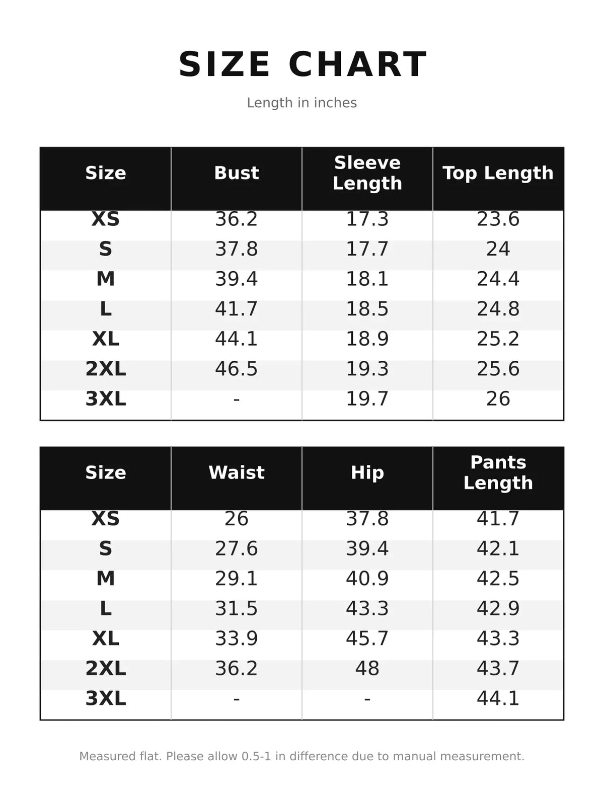 Size chart table for wide-leg pants set: bust, sleeve length, waist, hip, lengths