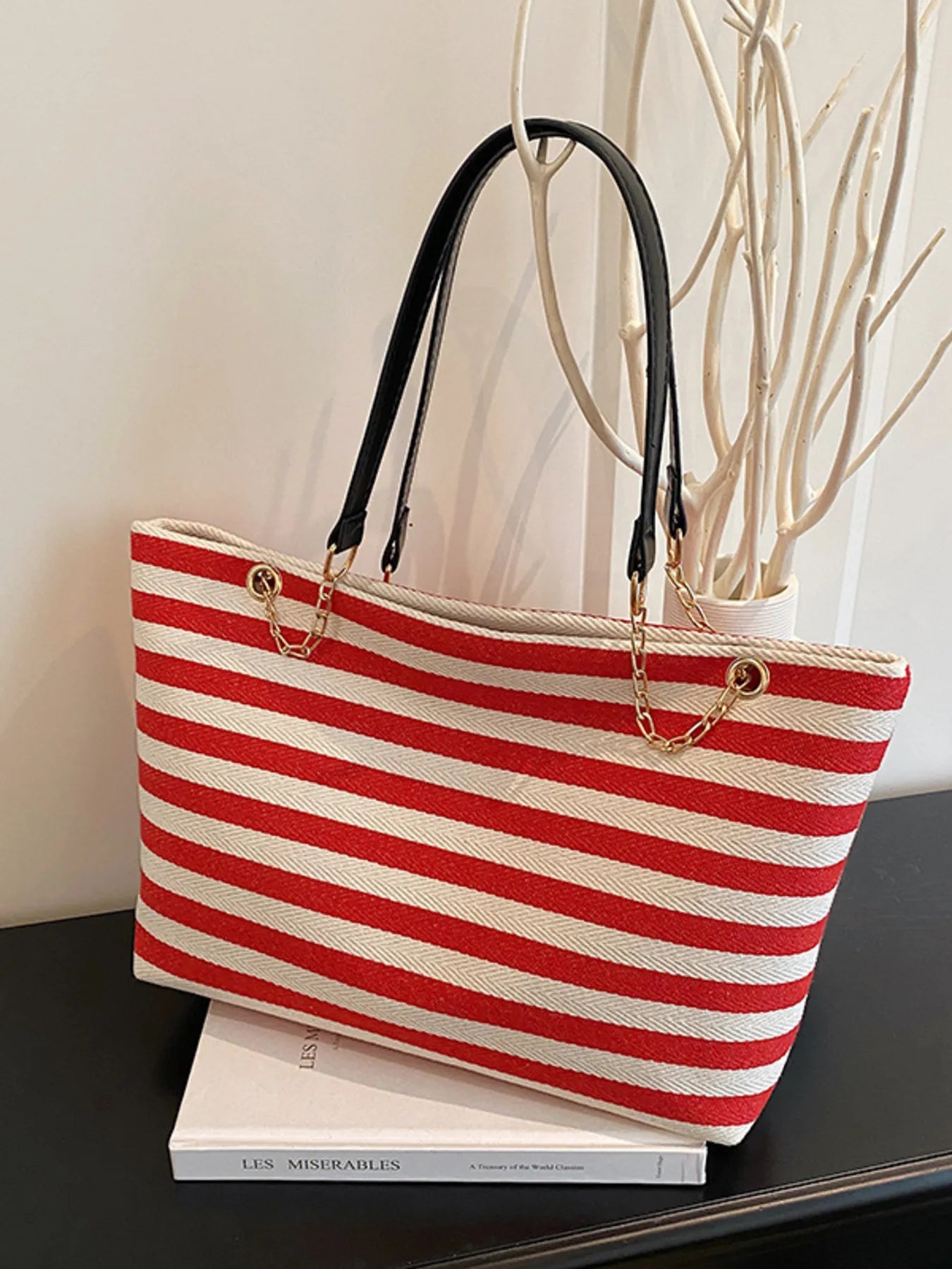 Striped shoulder bag with chain detail, red/white striped canvas, chain top handles