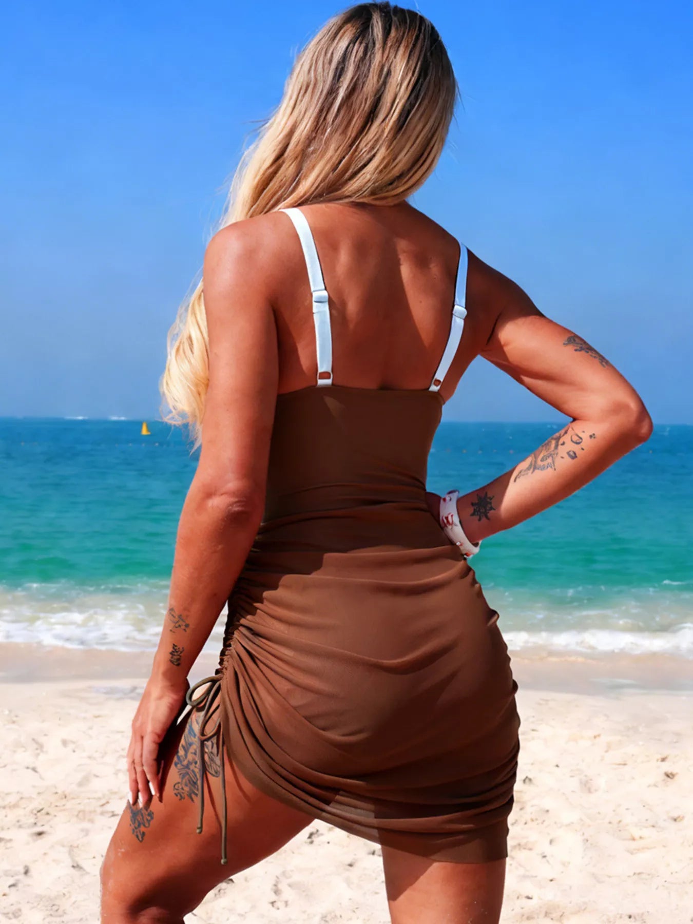 Color Block Cutout One-Piece Swimsuit by Trendsi, brown with white straps, back view and side drawstring ruching