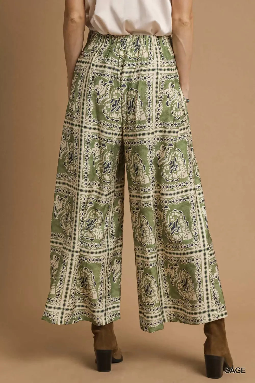 Sage green bohemian print pants with pockets, front view, wide-leg