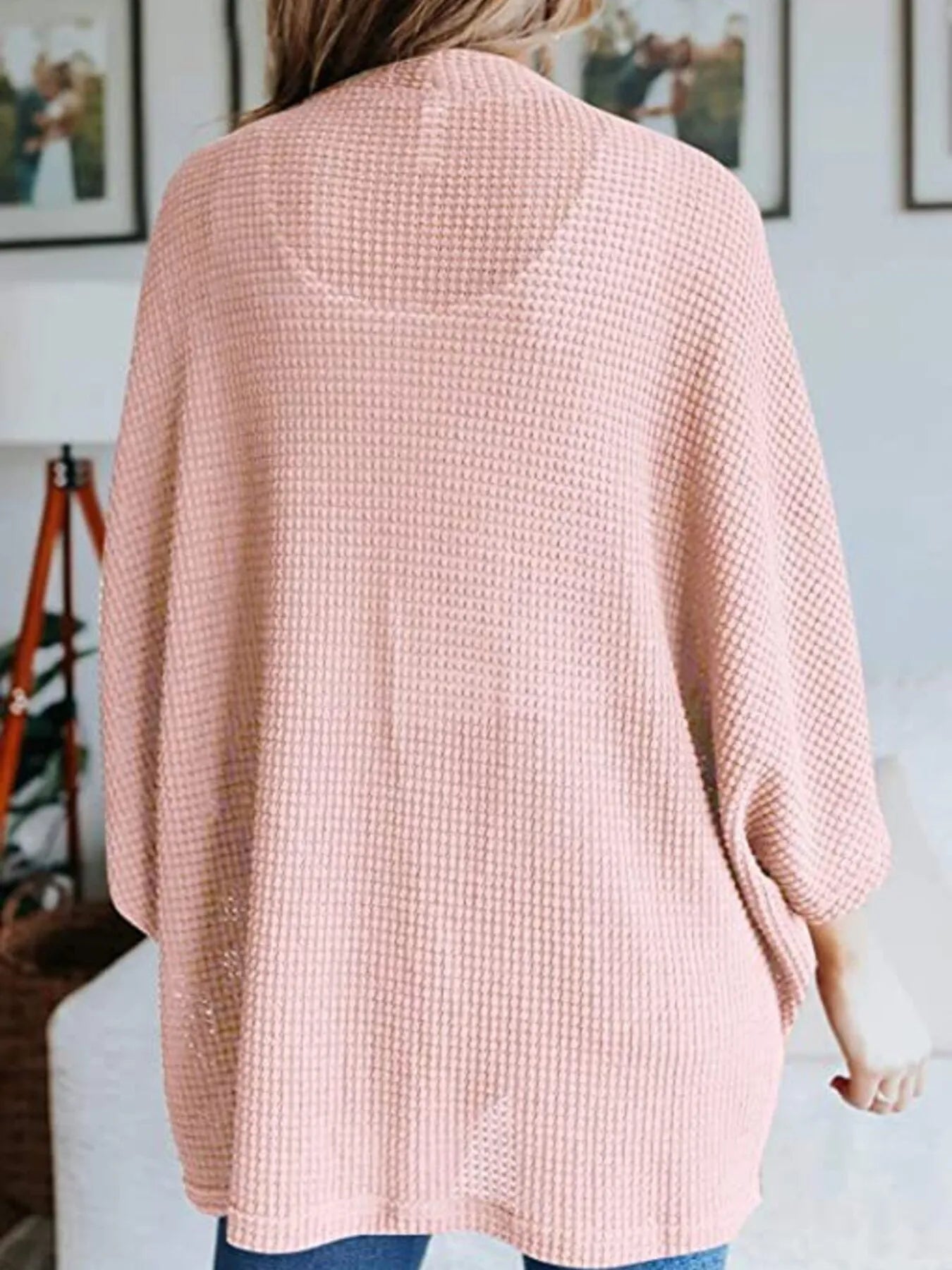 Plus size waffle knit open-front cardigan, light pink, back view with dolman sleeves