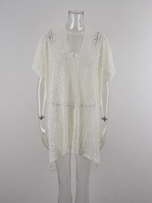 White lace V-neck angel wings cutout cover-up on a mannequin with draped sleeves