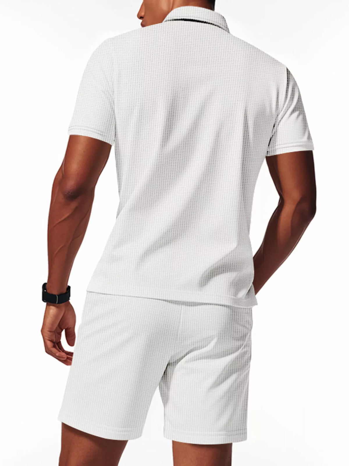 Mens textured short-sleeve polo and shorts set, white, back view