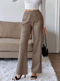 Plaid high-waisted wide-leg pants in brown with a diamond check pattern