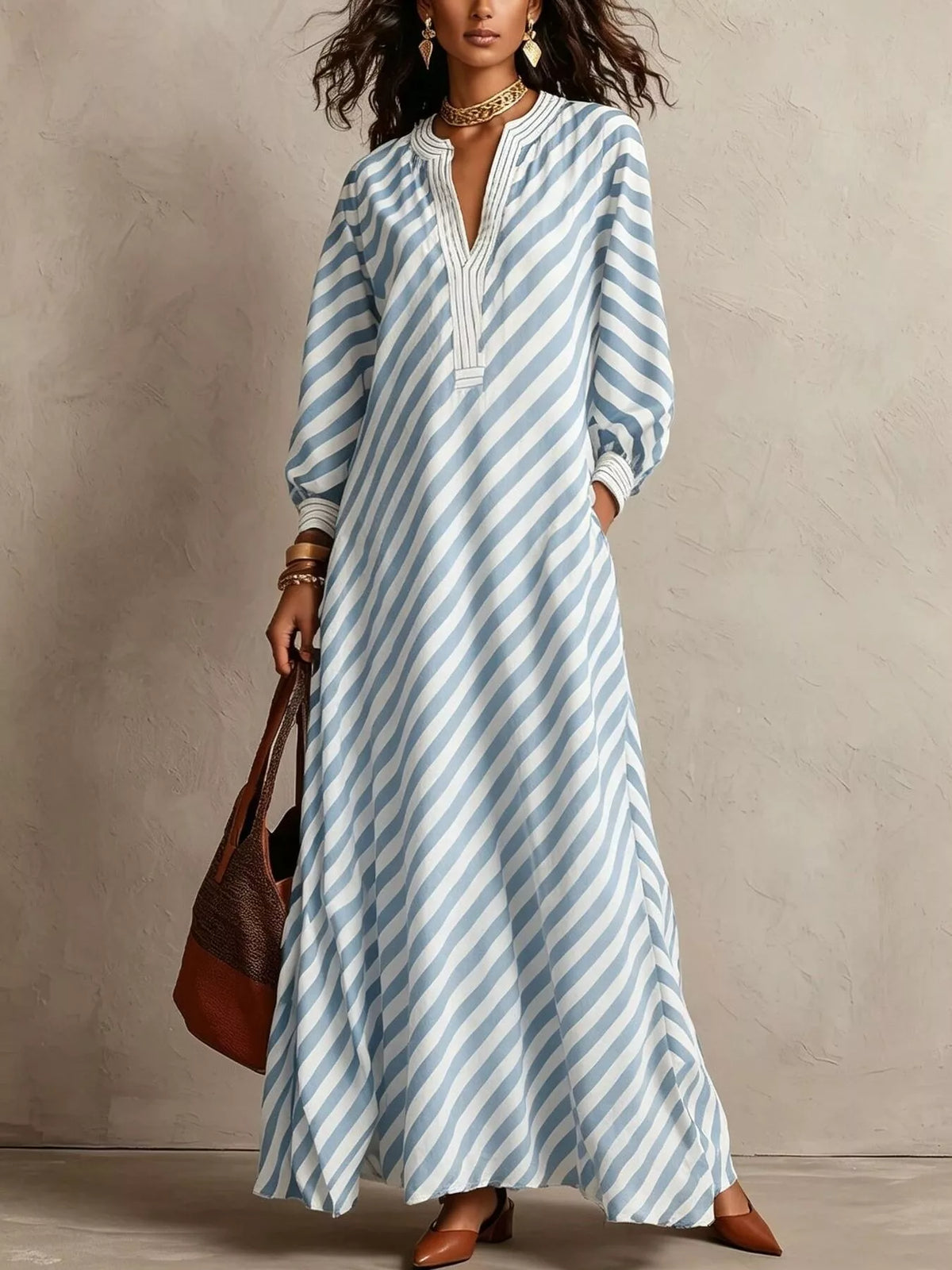 Light-blue-and-white striped long-sleeve maxi dress with V-neck button front
